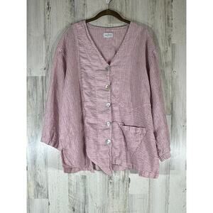 Mosaic USA Linen Top Small Pink Stripe Asymmetrical 3/4 Sleeve Artsy Lagenlook